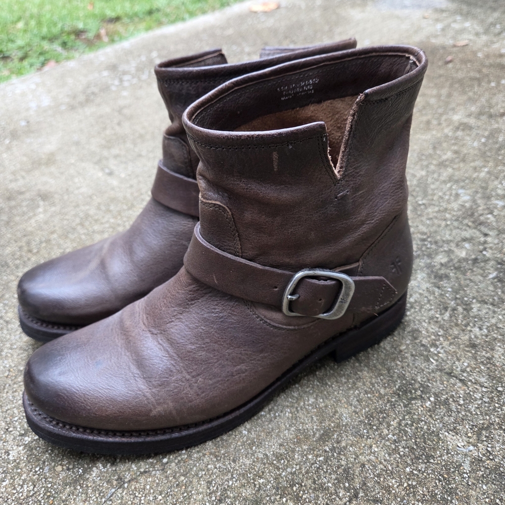 Frye Dark Brown Veronica Harness Ankle Boots with Buckle